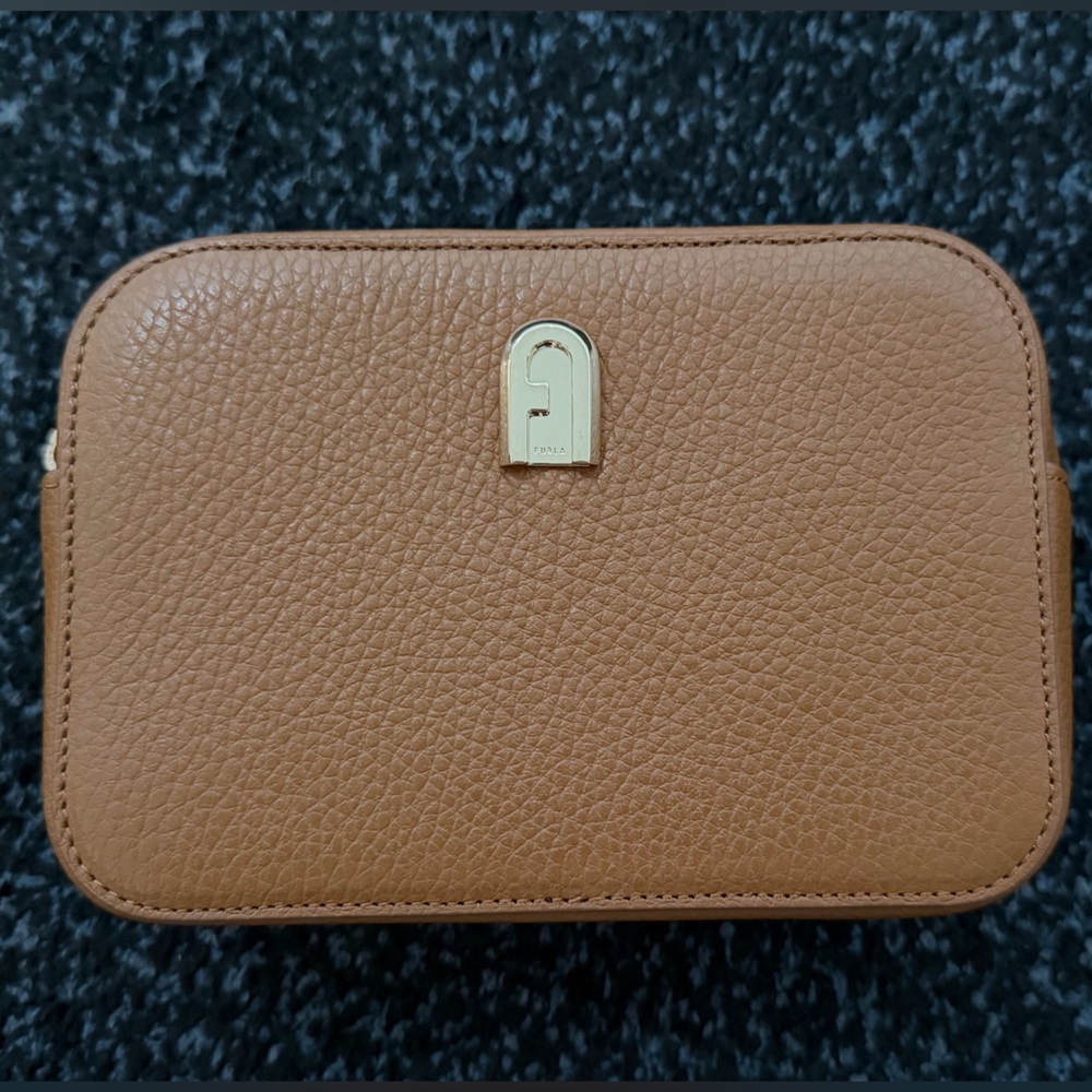 Furla Brown Leather Pouch belt bag with Gold Zipper and card holder and dust bag